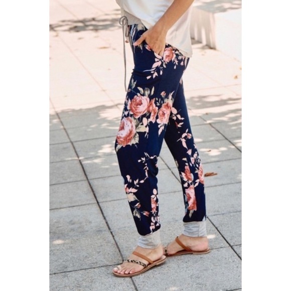 Navy Floral Jogger Sweatpants Lounge Casual Pants - Picture 4 of 7